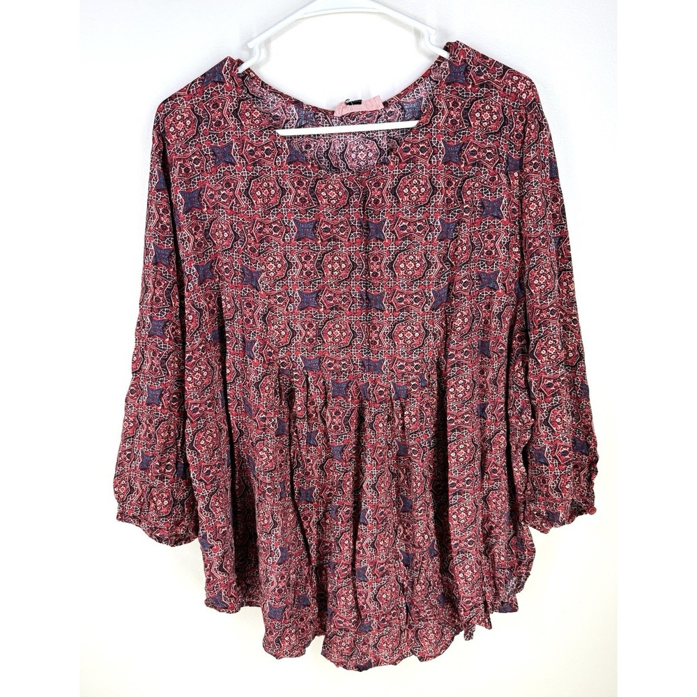 East Adeline Women's Print Blouse Top Plus Sz 14X Elastic Sleeves Buttons Pleat